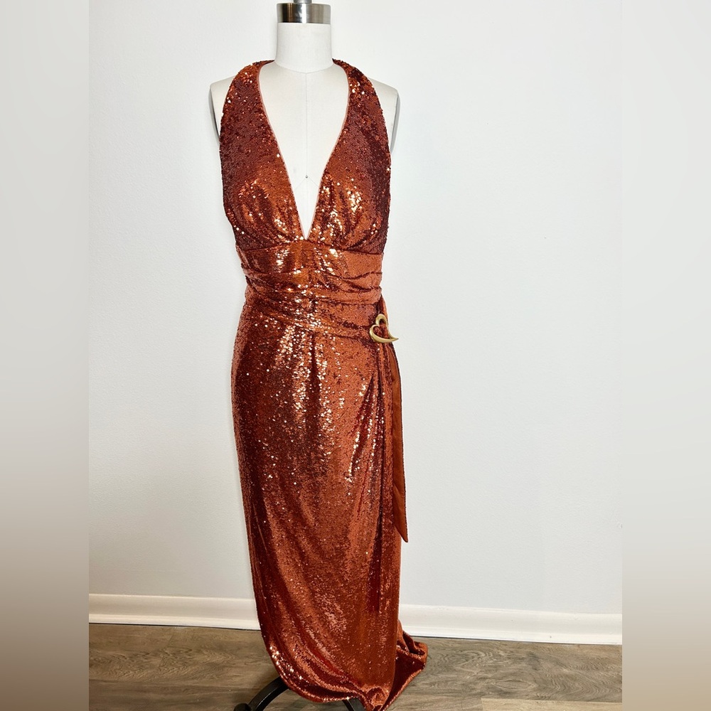 NWT Halston Copper Sequin Halter V Gown Dress Heart Buckle Sleeveless Size 14 - Picture 8 of 13